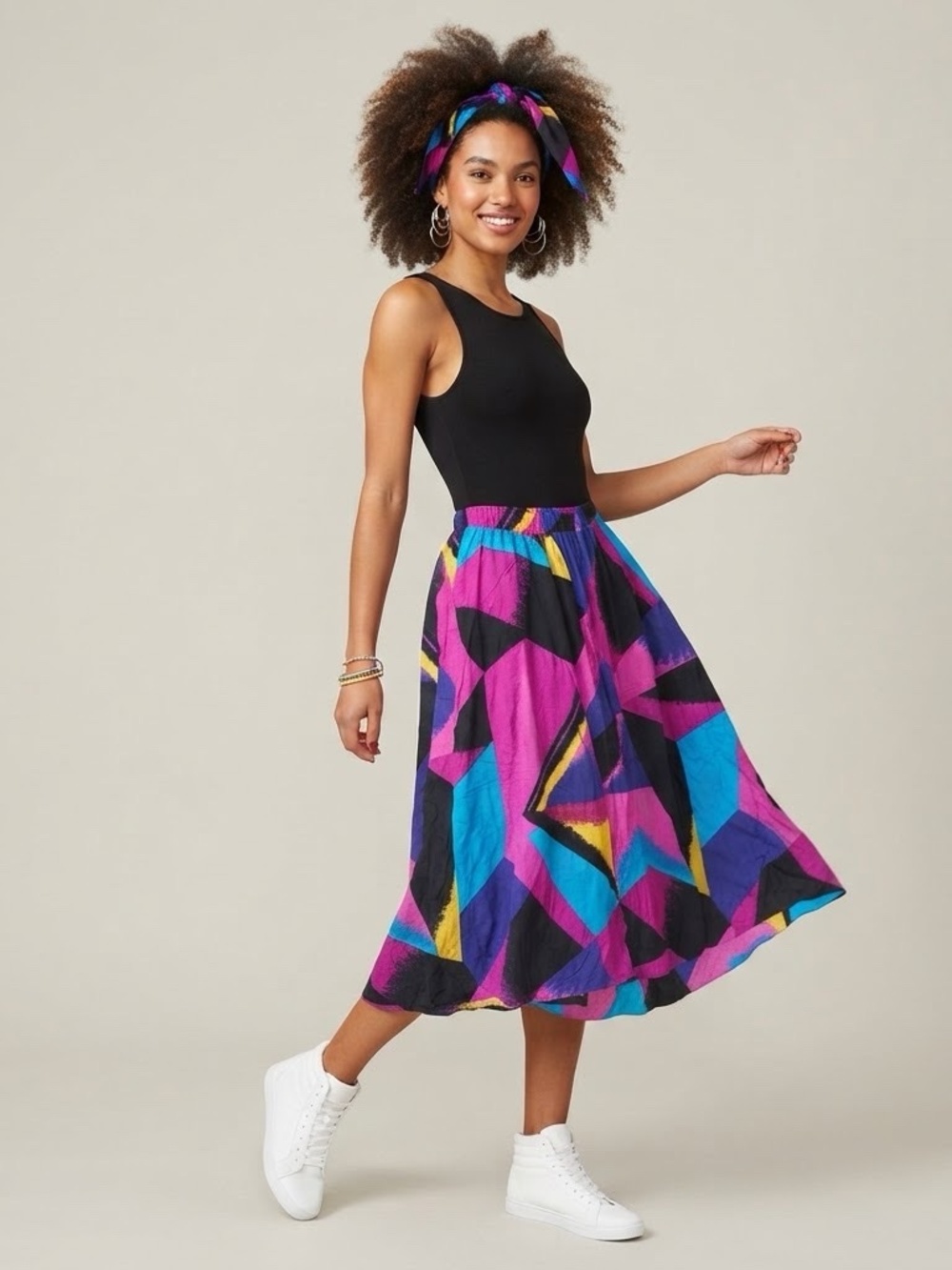 Vintage 80s Geometric Neon Midi Skirt & Matching Scarf Set ILGWU Size 8 Colorful